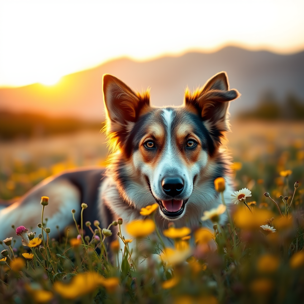 A majestic dog lying in a field of blooming wildflowers under a soft golden sunset, focused on the dog's expressive face, with a blurred background of mountains, captured with a Canon EOS R5, using a 50mm f/1.2 lens, aperture set to f/2.8 for shallow depth of field, ISO 100, and a warm color palette.