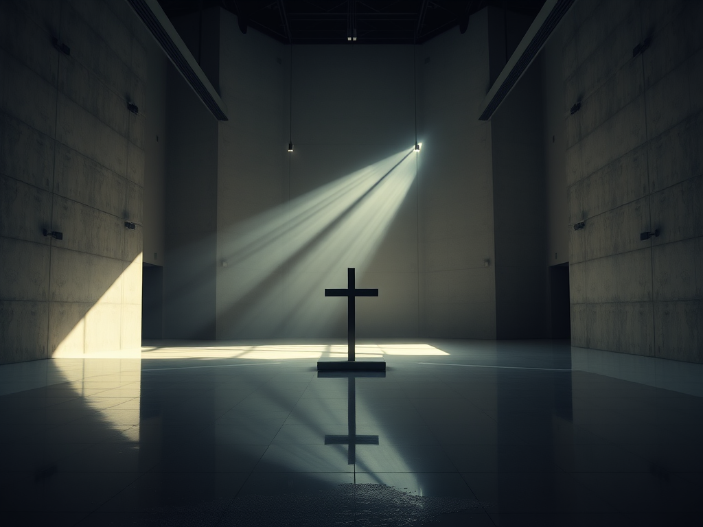 Create an image of a minimalist interior space with a central cross on a reflective floor, featuring dramatic light beams radiating from the background, shot with a Canon EOS R5, ISO 100, f/8, 1/125 sec, using a wide-angle lens at 24mm for a dynamic perspective.