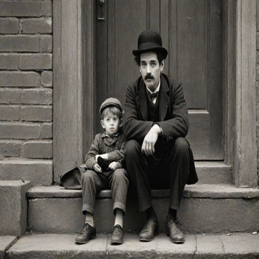 A black-and-white photograph of a man and a child sitting on steps in front of a doorway. The man is dressed as a tramp with a bowler hat, mustache, and ragged clothes, reminiscent of Charlie Chaplin's iconic look. He is sitting with his arms crossed and an expression of slight sadness or frustration. Next to him is a young boy, also in worn clothes and a cap, sitting with his hands clasped, looking thoughtful. The background is an old, textured wall and a partially open door, creating a vintage, early 20th-century atmosphere.