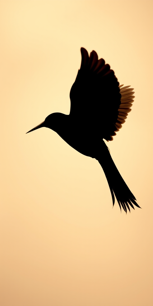 Create a high-resolution silhouette of a flying bird in profile, capturing intricate feather details, set against a soft gradient background, taken with a DSLR camera, 50mm lens, f/2.8 aperture, ISO 100, and a shutter speed of 1/500s, using natural light to enhance contrast and clarity.