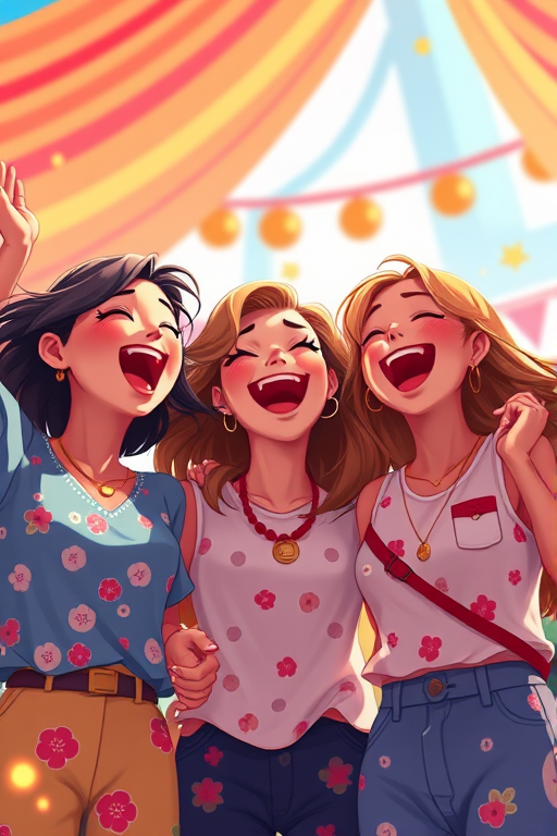 Create a vibrant digital illustration of three animated women joyfully singing and celebrating together in a bright, colorful environment, using a wide-angle lens at f/5.6, ISO 100, with soft natural lighting to enhance the mood and detail in the characters' expressions.