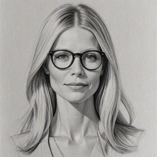 Beauteous Gwyneth Paltrow, pencil sketch, portrait of Bewitching woman 1977s in glasses, hair style beatnik, outline, clear lines, fine lines, 8k