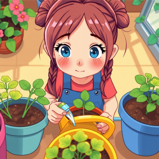 Illustration of a girl with pigtails watering plants in pots, vibrant colors, focus on her expression and the plants, 50mm lens, f/2.8 aperture, soft natural lighting, DSLR camera, overhead angle, cartoon style.