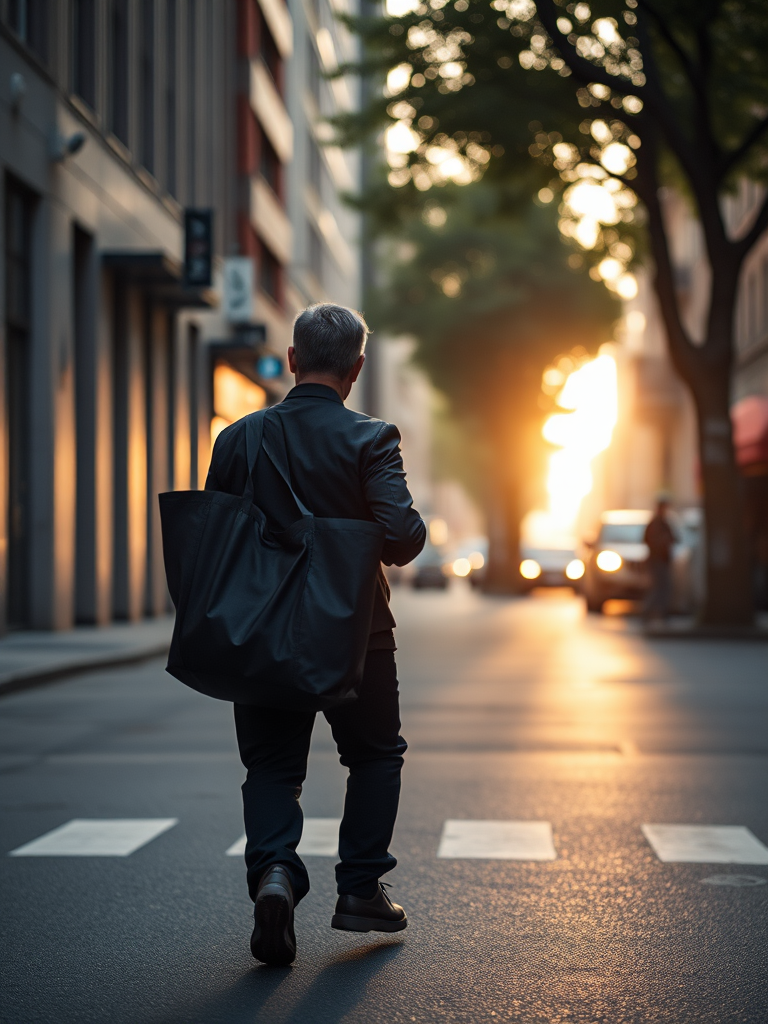 a person walking away carrying a large bag on a city street during the day, soft natural lighting, aperture f/4, shutter speed 1/250s, ISO 200, 50mm lens, DSLR camera, shot from a low angle to emphasize perspective and depth