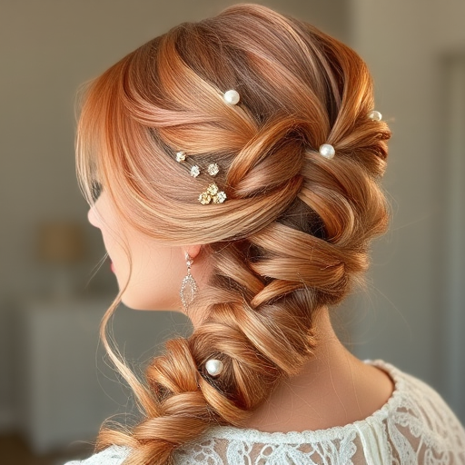 Luminous rose gold-haired beauty with a romantic, side-swept fishtail braid adorned with delicate pearl pins
