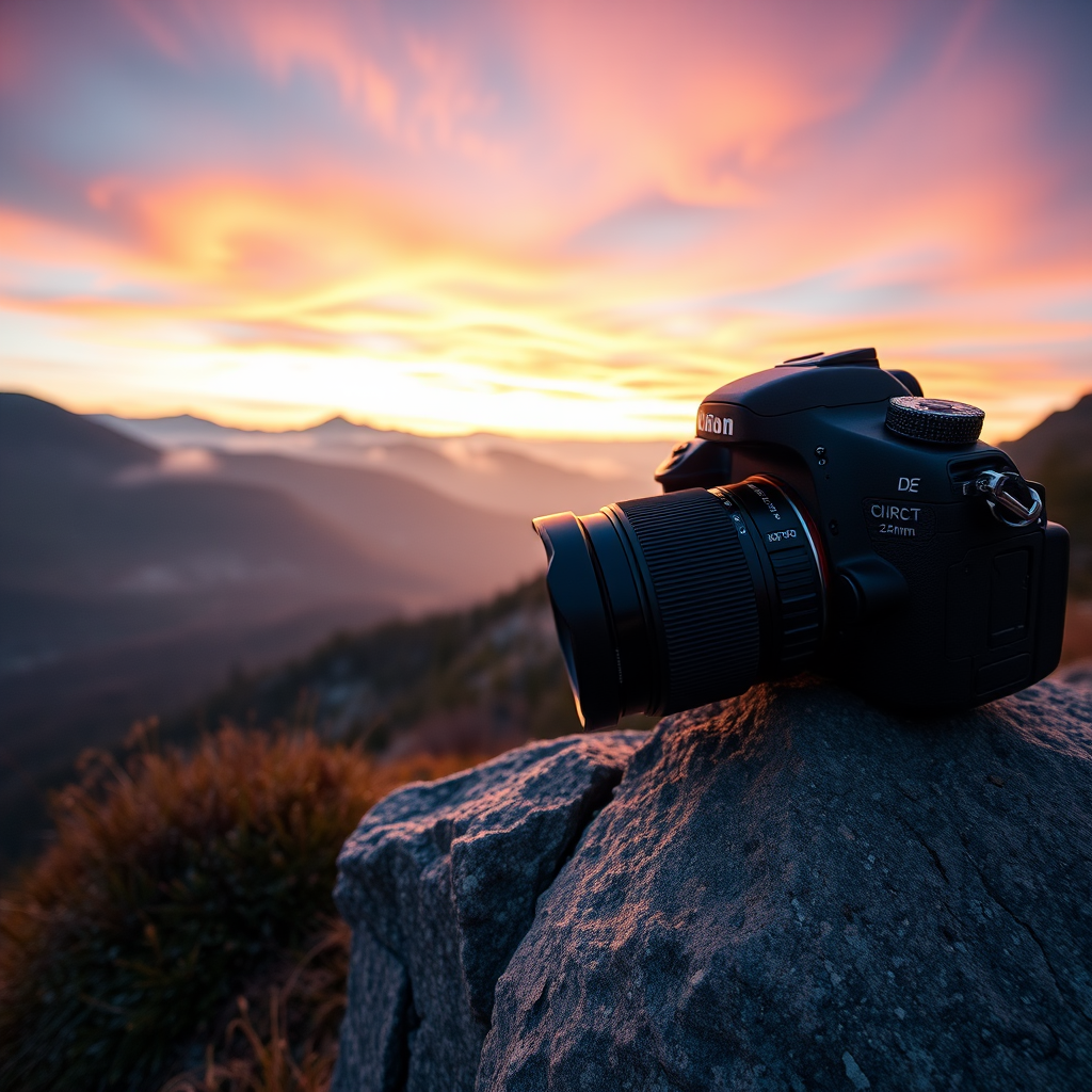 Create a high-resolution image of a serene mountain landscape at sunrise, using a DSLR camera with a 24mm lens, f/8 aperture, ISO 200, capturing a wide-angle view with a soft focus on the foreground and vibrant colors in the sky.