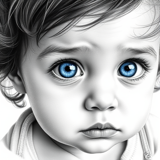 A hyperdetailed photorealistic black and white sketch of a beautiful toddler with deep blue eyes, with a macro focus