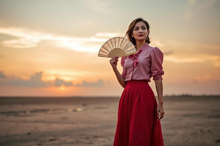 A woman in a pink vintage blouse and red skirt holding a fan, standing on a desolate beach at sunset, with soft clouds in the sky; shot with a Canon EOS R5, 50mm lens, aperture f/1.8, ISO 100, shutter speed 1/200s, natural light, portrait orientation.