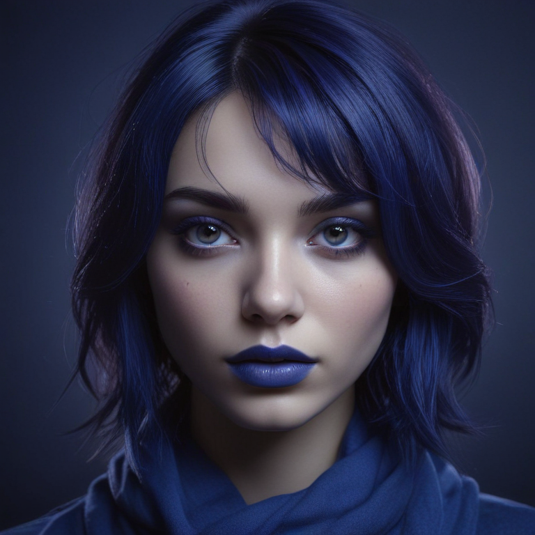 Striking Portrait of a Young Woman with Vibrant Blue Hair and Makeup