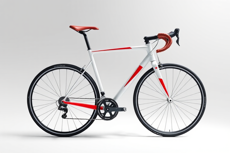Create a high-resolution illustration of a sleek, modern road bicycle with a red and white frame, captured in a side view, using an 85mm lens, f/8 aperture, ISO 100, with a soft gradient background to enhance focus on the bicycle.