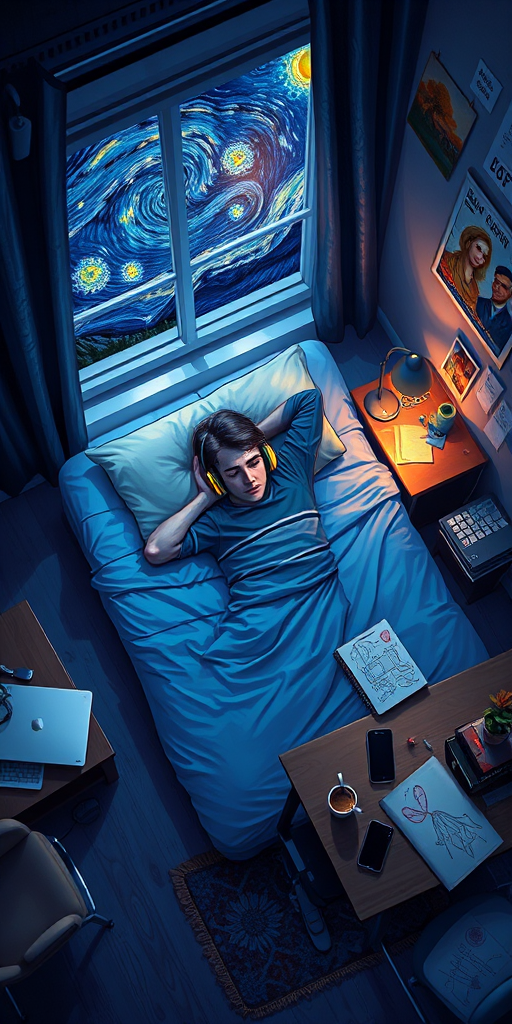A top-down Van Gogh-style painting of a young man lying on his bed, listening to music with headphones. The room is softly lit with deep blues and purples, creating a peaceful nighttime atmosphere. The bed has a soft pillow, and the man's arms are resting behind his head. Around the bed, various glowing gadgets such as a smartphone, a laptop, and a small lamp are visible, casting a gentle light. The rest of the bedroom includes a desk with books, a chair, and a small rug on the floor. A window near the bed reveals a starry night sky with swirling stars, reminiscent of Van Gogh's 'Starry Night.' On the desk, there is a sketchbook with colorful drawings, a cup of coffee steaming gently, and a small potted plant. The walls have posters of famous paintings and a corkboard with pinned notes and photos. The scene is full of dynamic, swirling brushstrokes, capturing the essence of Van Gogh's unique style. The overall mood is serene and contemplative, with a touch of artistic inspiration.