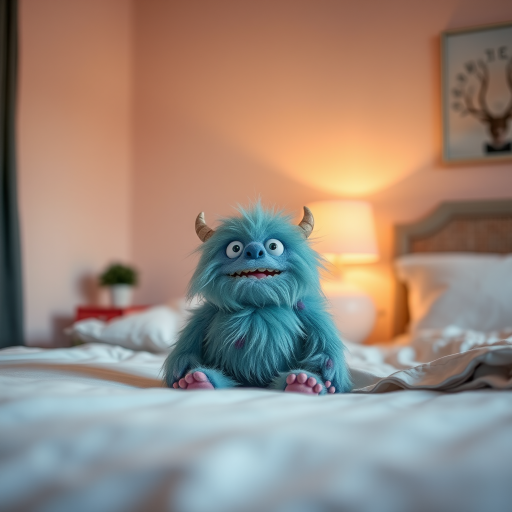 fluffy monster plush toy sitting on a bed in a softly lit room, f/2.8 aperture, ISO 200, 50mm lens, portrait view, soft focus background, Canon EOS R6