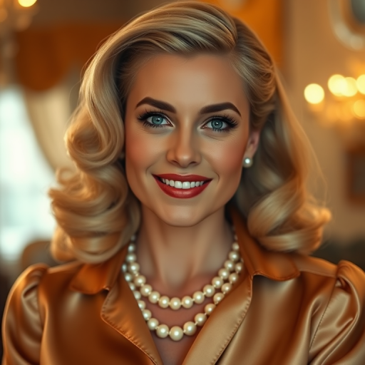 A beautiful Sephardic woman reminiscent of 1950s Hollywood glamour, with perfectly styled blonde hair and a seductive smile, dressed in a satin blouse and adorned with pearls, soft and warm tones, photorealistic, 8K