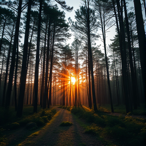 Generate a high-resolution image of a serene forest landscape during golden hour, using a Canon EOS R5 with an 85mm f/1.2 lens, aperture set to f/2.8, ISO 100, shutter speed 1/200 sec, capturing a wide-angle view, soft lighting, and enhanced color saturation.