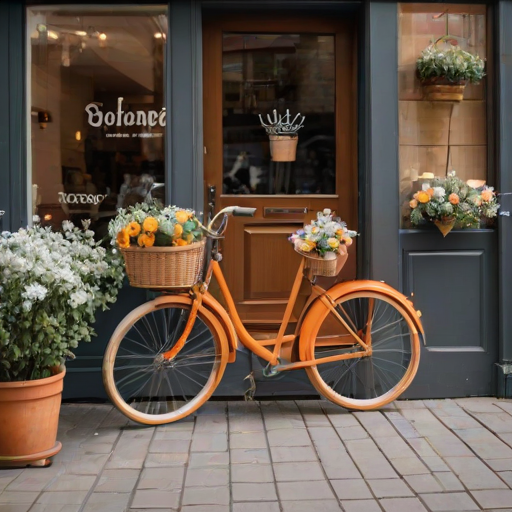 A vintage orange bicycle with a wicker basket filled with flowers parked outside a trendy shop with wooden doors and stylish interior decor.