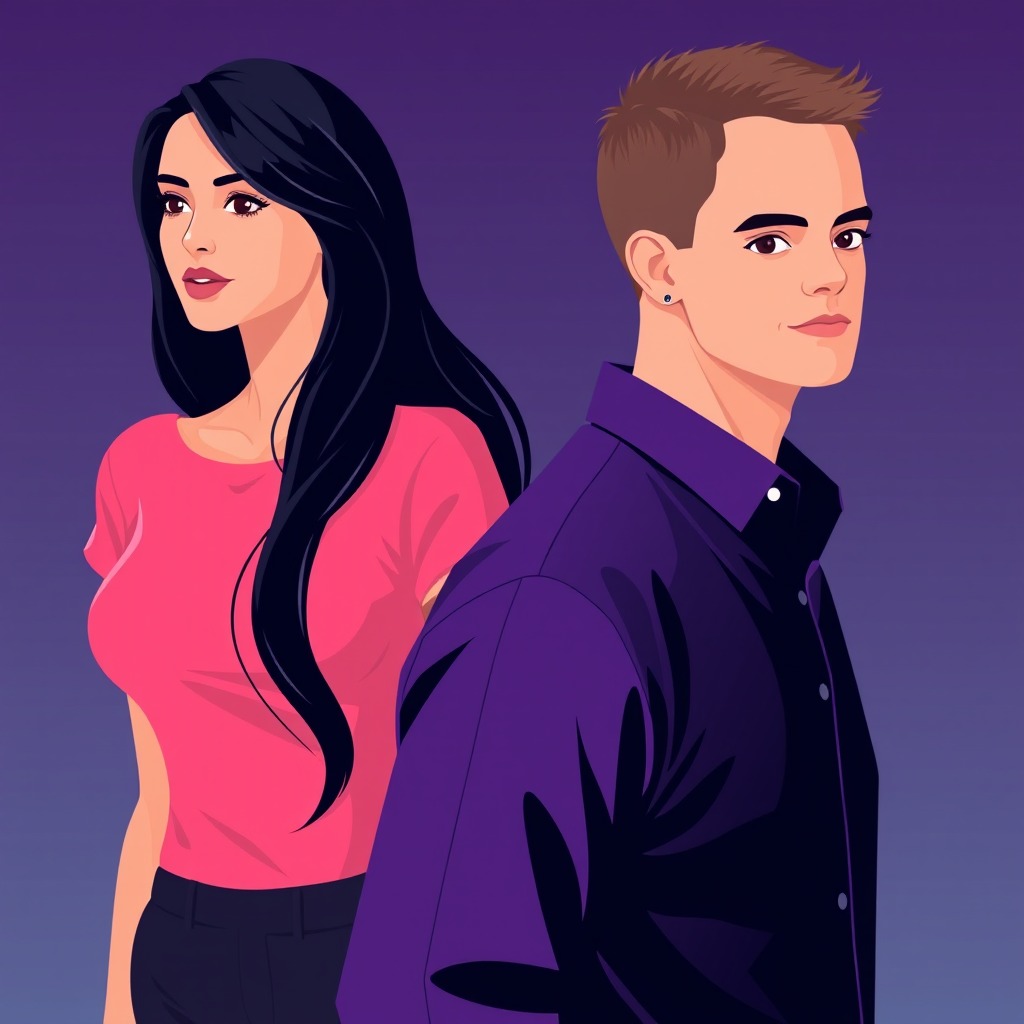 Create a highly detailed vector illustration of a woman with long black hair in a pink top and a man with short hair in a purple shirt, using a flat design style, in a minimalist composition, shot with a high-resolution digital camera at f/8 aperture, ISO 100, and a 24mm focal length for sharpness and clarity.