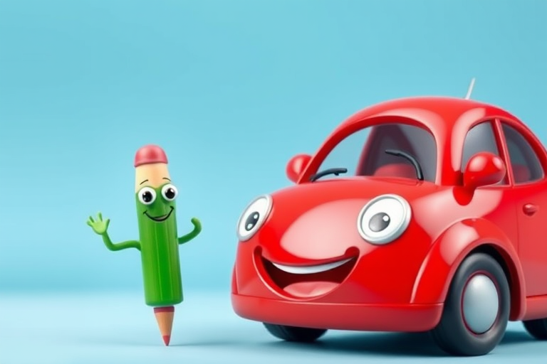 Create a vibrant cartoon scene featuring a cheerful red car next to a playful green pencil with a red cap, set against a bright blue background, shot with a DSLR camera at ISO 100, f/8 aperture, 50mm lens, and 1/200 shutter speed for enhanced detail and clarity.