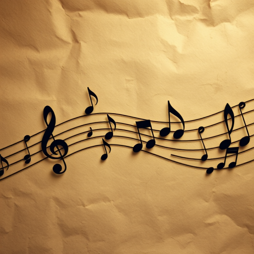 Create an artistic representation of musical notes flowing over a textured vintage paper background, captured with a DSLR camera at 50mm focal length, f/8 aperture, ISO 100, soft natural lighting for enhanced detail and warmth.