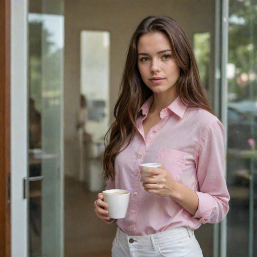 A young woman with long brown hair stands with her back against a glass door, wearing a pink button-down shirt over a white T-shirt and white pants, holding a cup of coffee in her right hand. The woman is looking directly at the viewer, her expression is neutral. Her right hand is tucked into the pocket of her pants while her left hand holds the coffee cup. The lighting is soft and natural, highlighting her features. The background is blurred, with the focus on the woman. The photo is taken from a slightly elevated perspective, showcasing the woman's full figure.