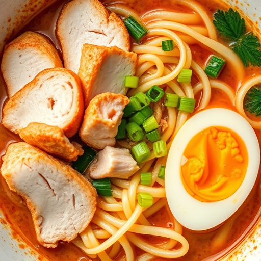 a close-up, high-resolution image of a bowl of ramen noodles with slices of chicken, soft-boiled eggs, and green onions, captured with a DSLR camera at f/2.8 aperture, 50mm lens, natural lighting, top-down view, vibrant colors, sharp focus on noodles and ingredients