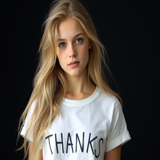 Portrait of a young woman with long, tousled blonde hair, wearing a cropped white shirt with the word "THANKS" printed on it, standing against a dark backdrop, soft natural lighting, 50mm lens, f/1.8, ISO 100, 1/200s, shallow depth of field, taken with a DSLR camera.