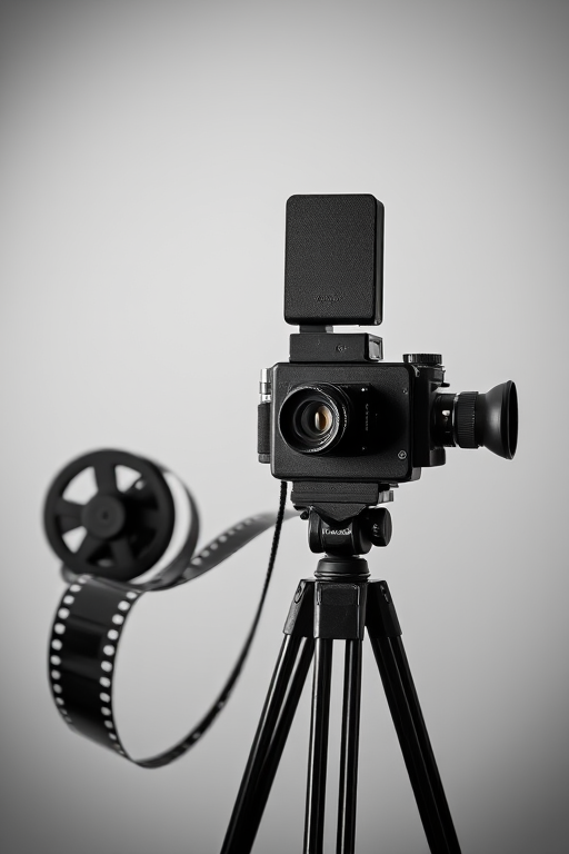 black and white minimalist design of an old-fashioned film camera on a tripod next to a winding film strip, shot with a 50mm lens at f/2.8, ISO 100, with a shallow depth of field to blur the background, using a DSLR camera in high resolution.