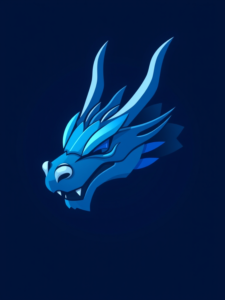 Create a high-resolution image of a stylized dragon head with a blue gradient, set against a deep blue background, using a digital art style, 50mm lens, f/2.8 aperture, ISO 100, and a clean, smooth finish for enhanced image quality.