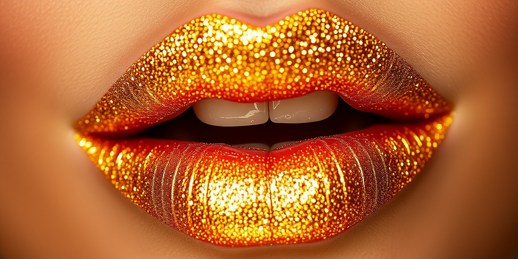 Shimmering "Golden Goddess" metallic lip gloss transforms lips into a dazzling spectacle of light-catching gold particles, elevating any makeup look to celestial heights