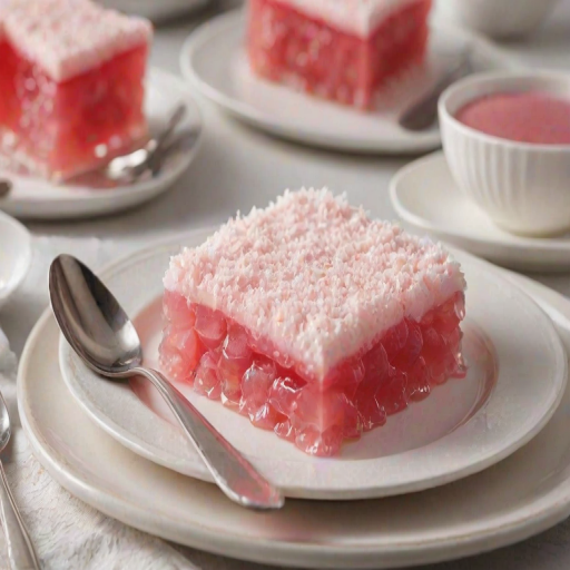 Create a dessert image featuring a layered pink jello dessert with a smooth, fluffy texture. The dessert should have a grid pattern on top, with a dusting of sugar or coconut flakes. Include a shiny serving spoon beside it and a soft, elegant table setting in the background.