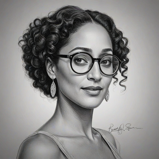 Beauteous Tracee Ellis Ross, pencil sketch, portrait of Lovely woman 1936s in glasses, hair style beatnik, outline, clear lines, fine lines, 8k