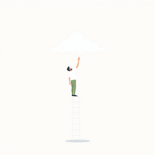 a person standing on a ladder reaching up to place a cloud in the sky, minimalist design, light color background, vector style illustration