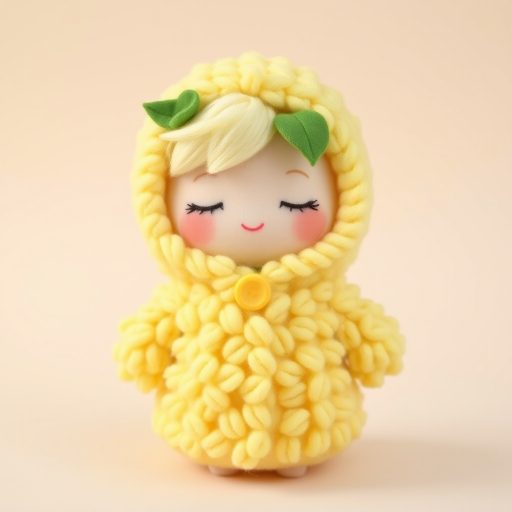 A cute doll resembling a *cereal*, dressed in a fluffy yellow coat that mimics the texture of corn kernels. The doll has soft, closed eyes and light blonde hair, adorned with green leaves and a yellow button at the collar. The background is a soft beige to complement the colors of the doll, and the overall style is whimsical and pastel, emphasizing a cozy, huggable appearance.