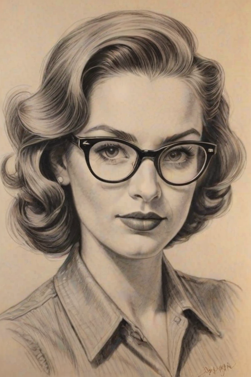 Lovely Rachel Zegler, pencil sketch, portrait of Ravishing woman 1945s in glasses, hair style beatnik, outline, clear lines, fine lines, 8k