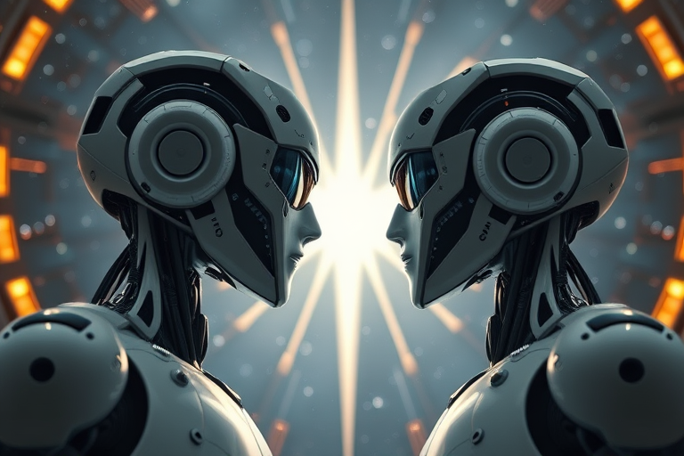 Generate an image of two futuristic humanoid robots facing each other in a cosmic setting with a glowing starburst in the background, use a Canon EOS R5 camera with a 50mm lens, aperture f/1.8, ISO 200, and a low-angle view to enhance depth and detail.