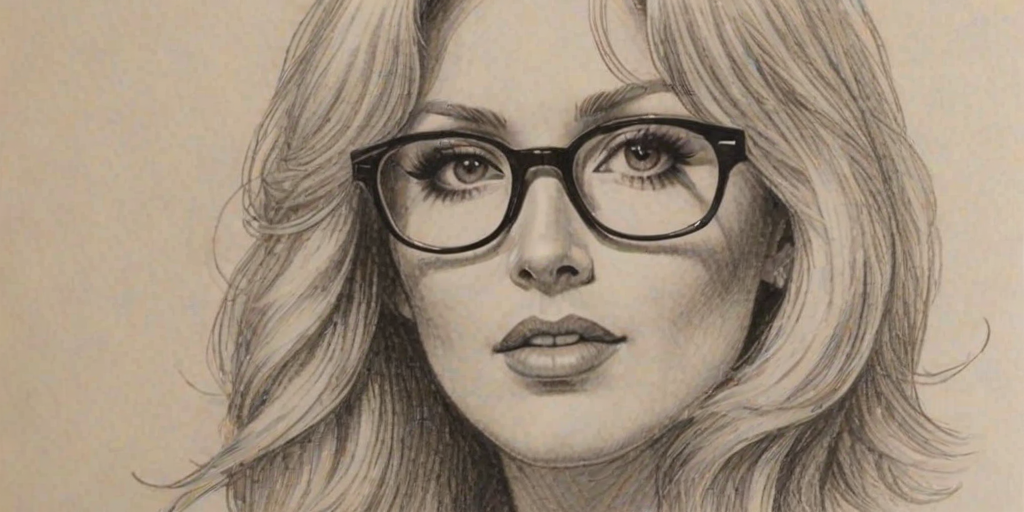 Sublime Morgan Fairchild, pencil sketch, portrait of Appealing woman 1921s in glasses, hair style beatnik, outline, clear lines, fine lines, 8k