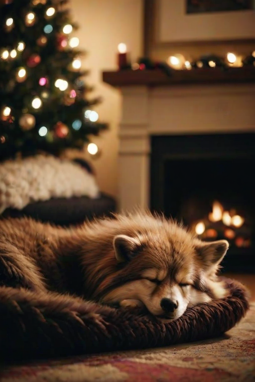 solo, furry, creature, cute, sleeping, next to a fireplace, interior, winter, christmas, depth of field, highly detailed, high contrast, film grain, Rim Lighting