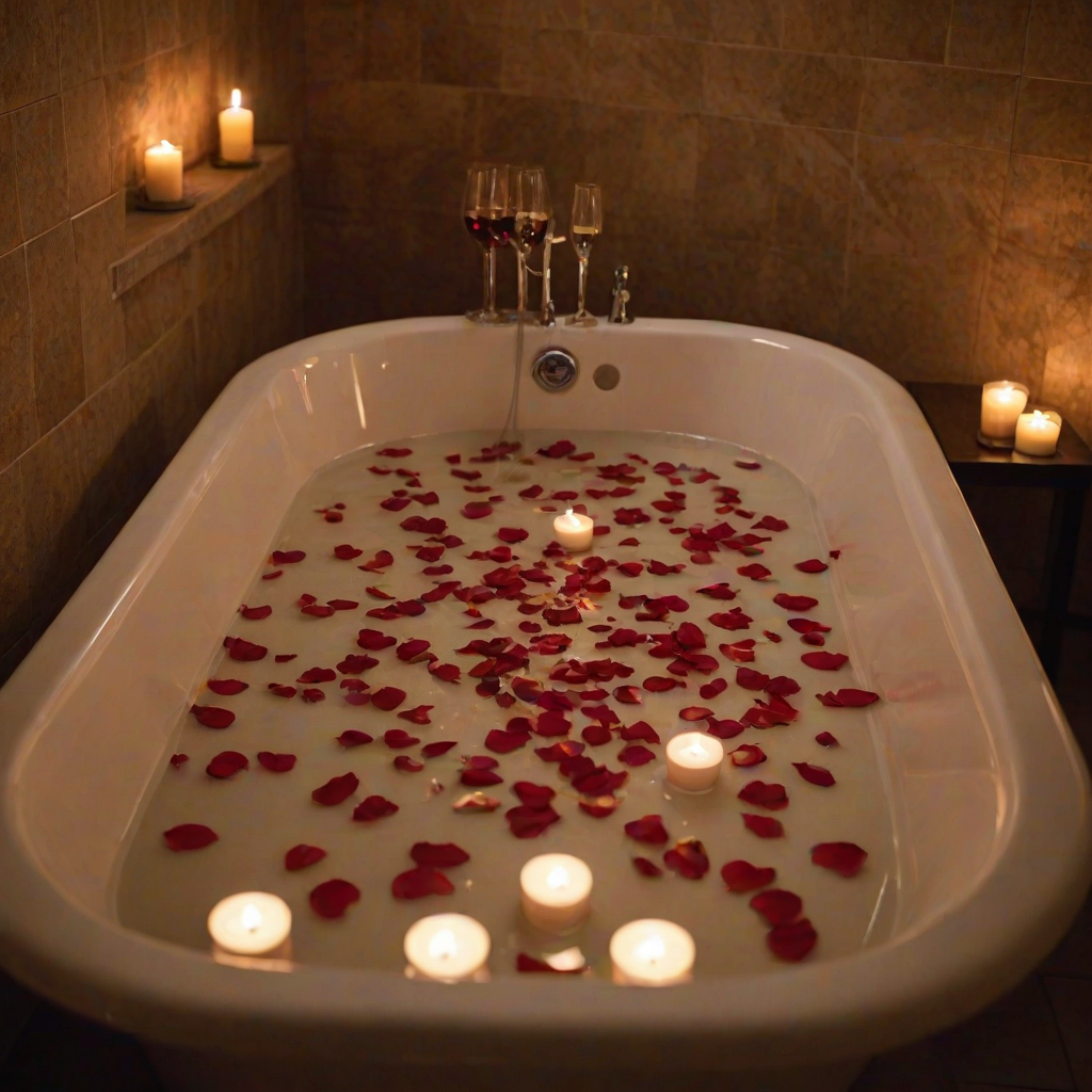 Warmly lit photo of a luxurious bathtub filled with bubbles and rose petals, soft candlelight casting warm shadows on the tiles, with a glass of wine on the edge.