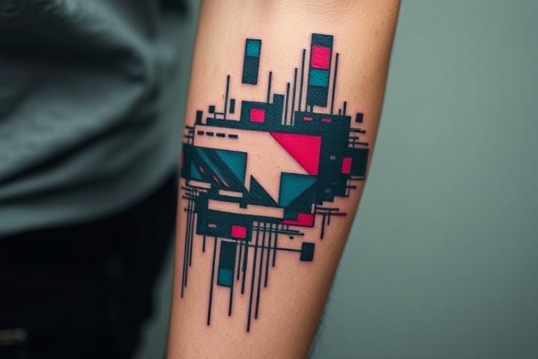 Glitch art-inspired tattoo on the forearm, featuring distorted digital imagery and pixelated elements, creating an illusion of technological malfunction on the skin