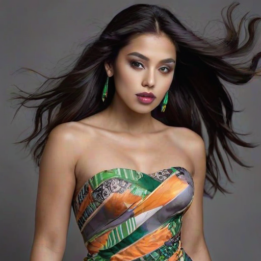 Photographic image of a beautiful young Aztec woman, orange eyes, lips with green lipstick, long hair fluttering in the wind and wearing a silk strapless dress with a soft purple and orange print. monochrome image with only color highlights in the iris of the eyes, lipstick and dress. Gray background.