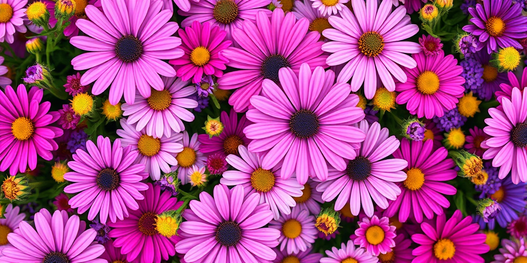 a vibrant floral pattern featuring a variety of pink and purple flowers including daisies and cosmos, captured with a macro lens, aperture f/2.8, ISO 100, focal length 100mm, shot from a top-down view using a digital DSLR camera for enhanced clarity and color richness
