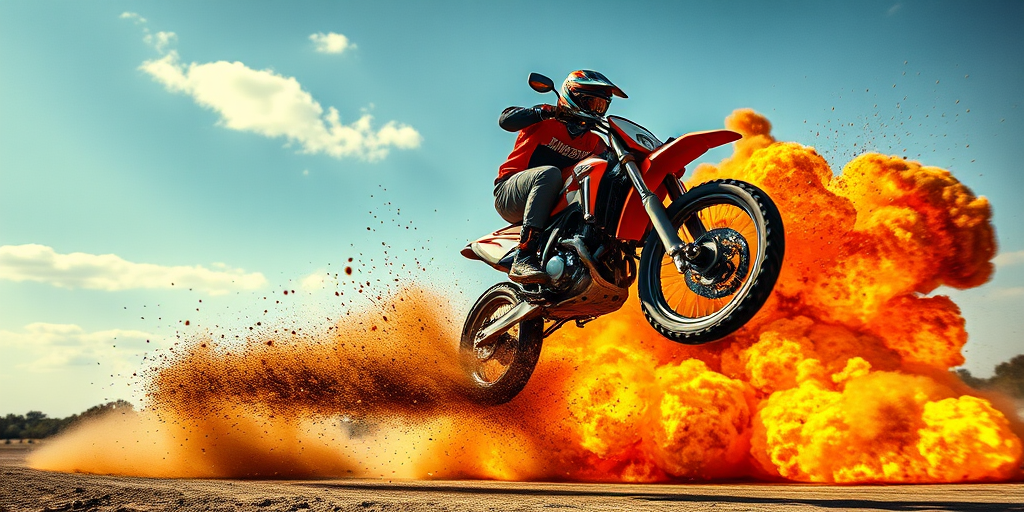 motorcycle stunt in mid-air with explosion, high dynamic range, ISO 100, f/4.0, 1/1000s, 35mm lens, shot from a low angle, high-speed photography, vivid colors