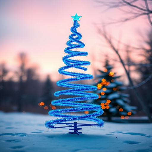 Create a digital artwork of a stylized blue spiral Christmas tree on a winter landscape, soft focus background, camera settings: f/8, ISO 100, shutter speed 1/200, shot from a low angle, using a DSLR camera with a 50mm lens, vibrant colors and enhanced contrast.