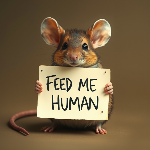 mouse holding a note which says "FEED ME HUMAN"