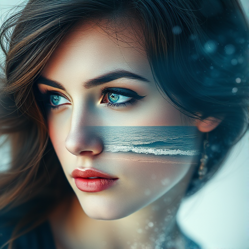 this photo is Book cover, A surreal double exposure portrait that blends a woman's face with a beautiful seascape. The overall mood is dreamy and mystical, with rich colors and intricate details