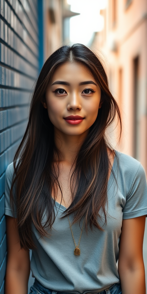 portrait of a young woman standing in an urban alley with a blue wall, natural lighting, 50mm lens, f/1.8 aperture, ISO 100, shallow depth of field, soft bokeh background, high-definition quality