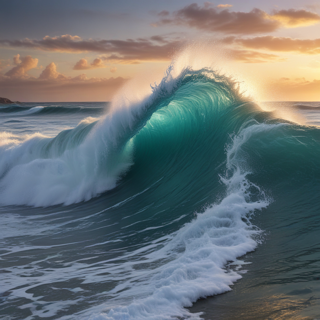 Majestic Ocean Wave Captured at Sunset with Glowing Turquoise Highlights