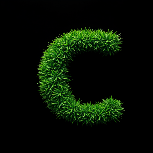create a vibrant green letter C made of textured grass against a solid black background, use a Canon EOS R5 with a 50mm lens, aperture f/2.8, ISO 100, and a high dynamic range setting for enhanced contrast and detail.