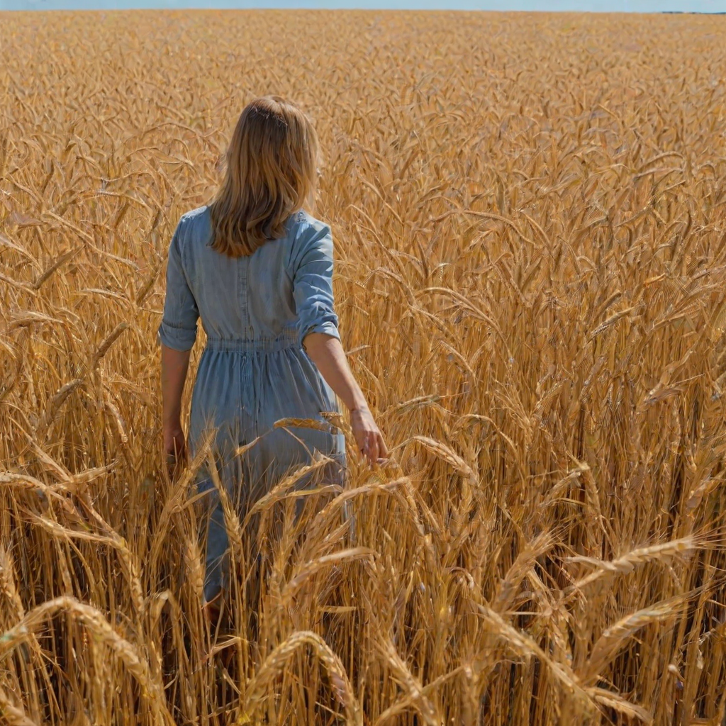 Golden wheat field stretching out under a clear blue sky, a woman walks slowly through the field, her hands brushing the tops of the wheat as she passes.