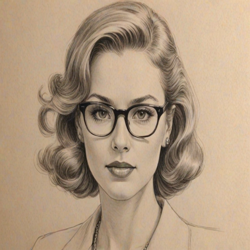 Wonderful Kimberly Caldwell, pencil sketch, portrait of Graceful woman 1945s in glasses, hair style beatnik, outline, clear lines, fine lines, 8k