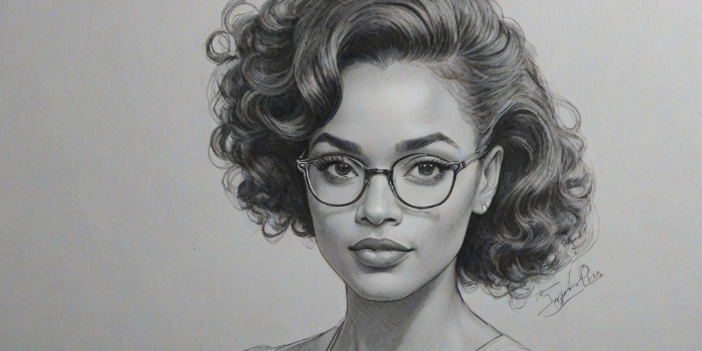 Bewitching Maisie Richardson-Sellers, pencil sketch, portrait of Stunning woman 1954s in glasses, hair style beatnik, outline, clear lines, fine lines, 8k